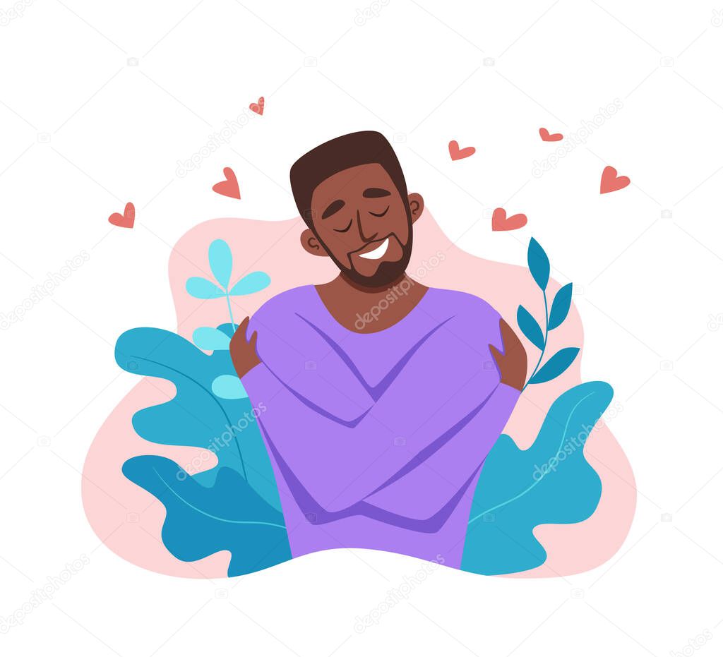 Love yourself African American men hugging herself with enjoying emotions vector illustration.
