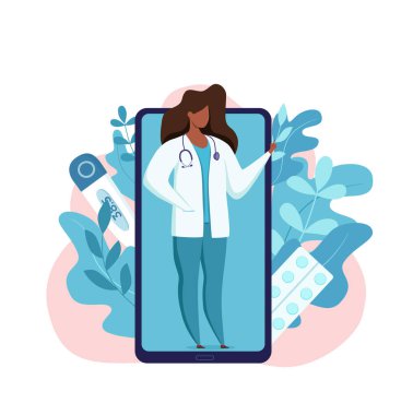 Çevrimiçi Afrikalı Amerikalı doktor tıbbi danışma vektörü çizimi.