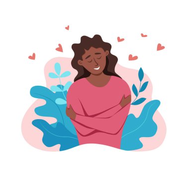 Love yourself African American woman hugging herself with enjoying emotions vector illustration. clipart