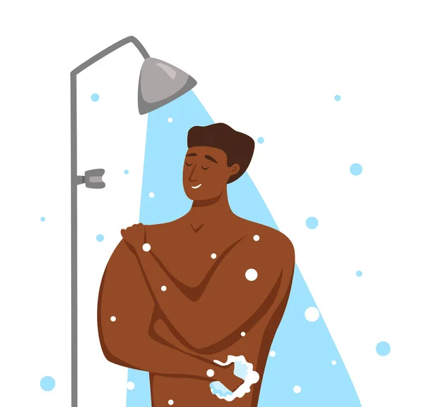 Junge afroamerikanische Männer unter der Dusche Cartoon Vektor Illustration. — Stockvektor