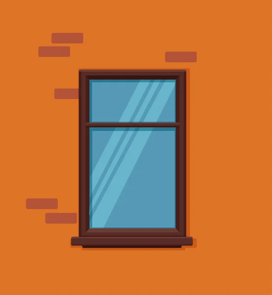 Ventana vectorial con marco de vidrio y madera en una pared de ladrillo. — Vector de stock