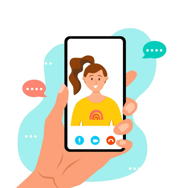 Illustration vectorielle d'appel vidéo. Main masculine tenant smartphone avec fille souriante à l'écran — Image vectorielle