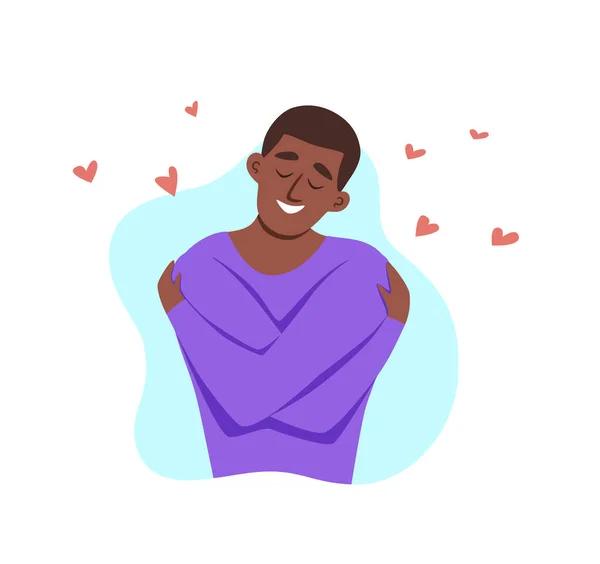 Ama a los hombres afroamericanos abrazándose a sí misma con disfrutar de las emociones vector ilustración. — Archivo Imágenes Vectoriales