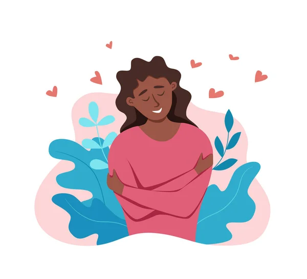 Liefde jezelf Afro-Amerikaanse vrouw knuffelen zichzelf met genieten emoties vector illustratie. — Stockvector
