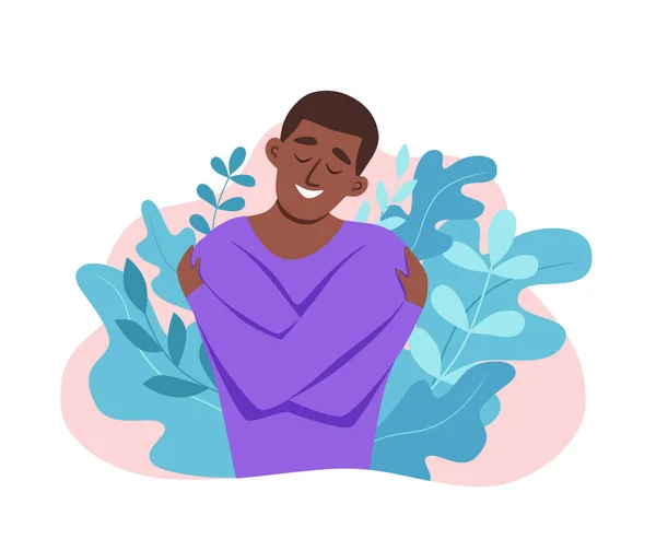 Ama a los hombres afroamericanos abrazándose a sí misma con disfrutar de las emociones vector ilustración. — Vector de stock
