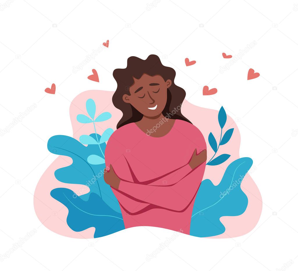Love yourself African American woman hugging herself with enjoying emotions vector illustration.