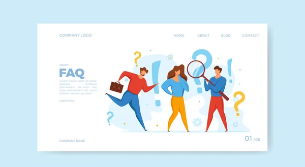 FAQ koncept för män som tittar genom förstoringsglas — Stock vektor