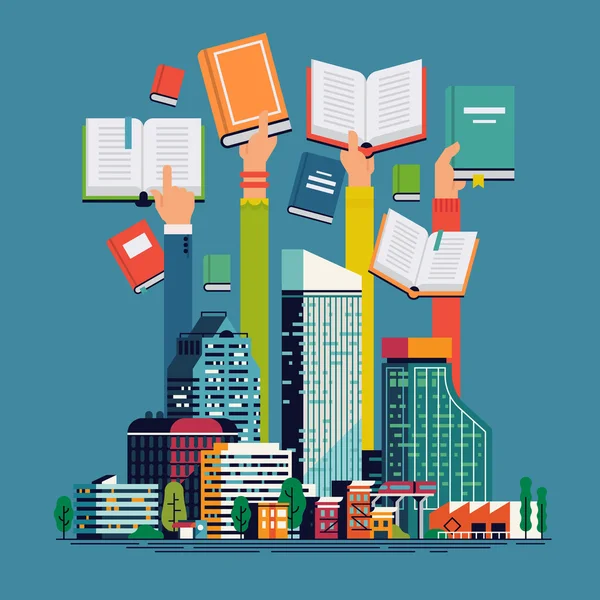 Les gens tiennent des livres en ville — Image vectorielle