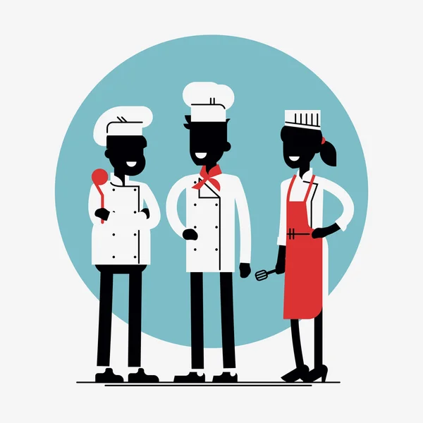 Chef de restaurante sonriente cocinero con asistentes — Vector de stock