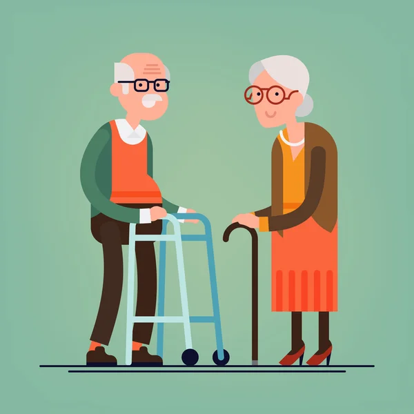 Grands-parents avec bâton de marche et marchette à pagaie — Image vectorielle