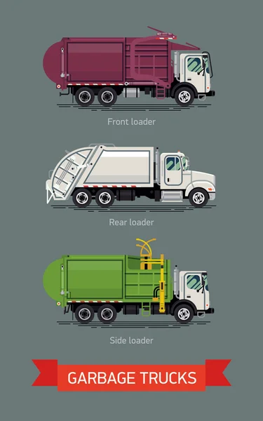 Garbage trucks operating with dumpster container. — Stock Vector