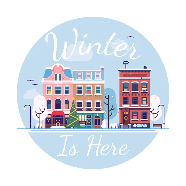 Small town street in snowy winter — Stock Vector