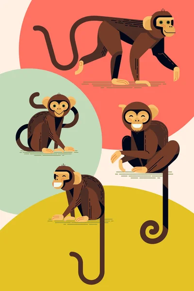 Monkey characters in different poses. — Stock Vector