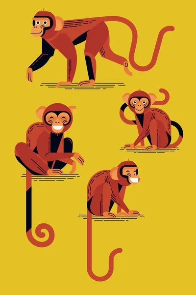Набор красных обезьян улыбающихся персонажей . — стоковый вектор