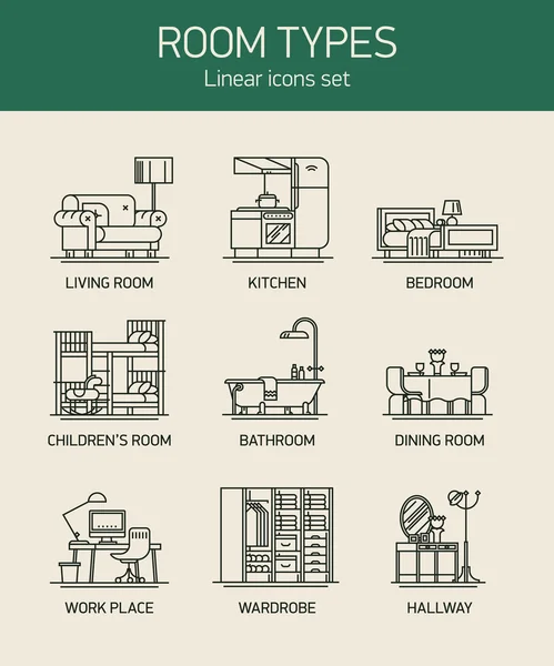 Room types and home interior icons — Stock Illustration Room types and home interior icons Vector Graphics