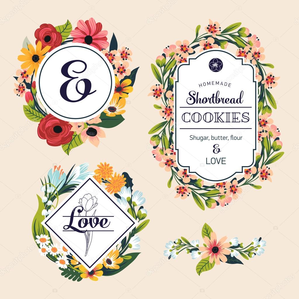 Floral retro style badges and labels.