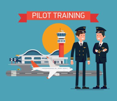 two pilots standing in front of airport   clipart