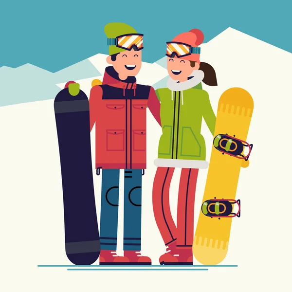 Snowboarders adulto chico y chica — Vector de stock