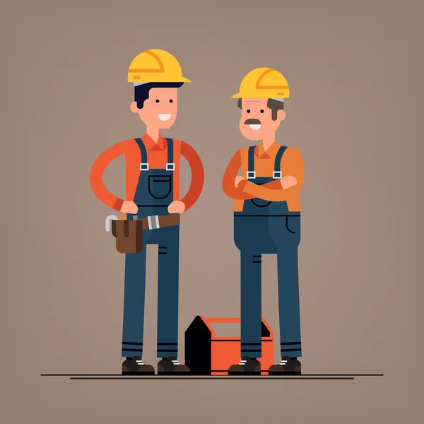 Pareja de trabajadores de la construcción personajes planos — Vector de stock