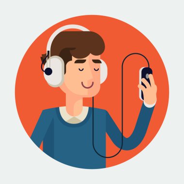 Man in earphones listening music clipart