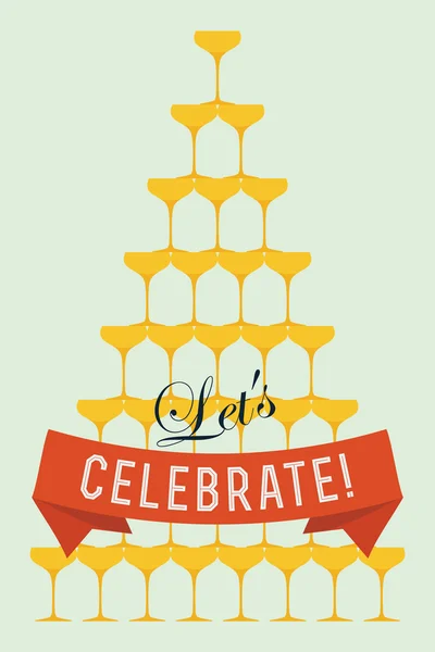 Pirámide de champán, '¡Celebremos!' eslogan — Vector de stock