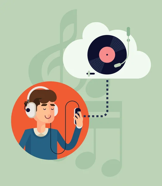 Man in earphones listening music — Stock Vector