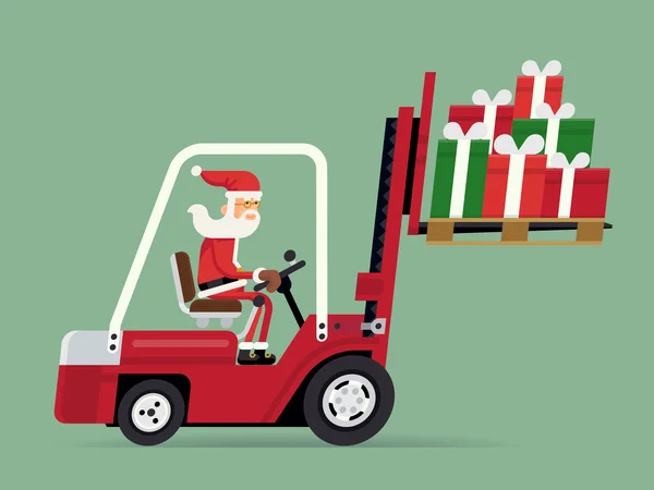 Santa Claus paardrijden heftruck met geschenken — Stockvector