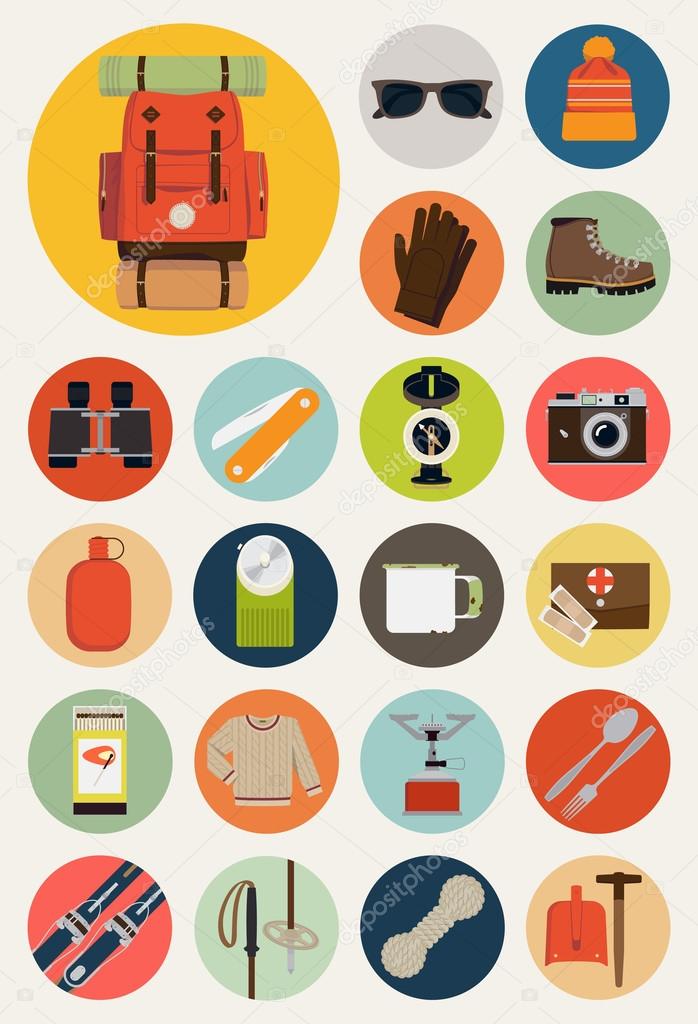 Backpack trip equipment icons.