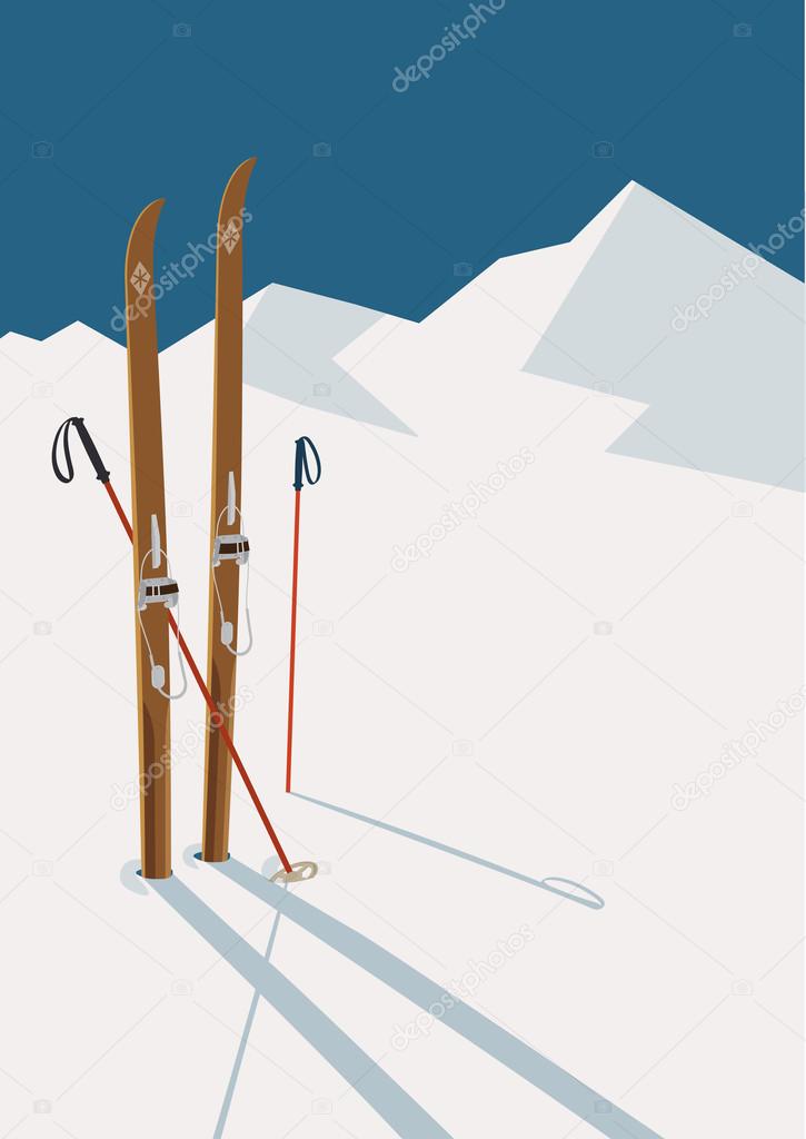 Wooden skis and poles in snow