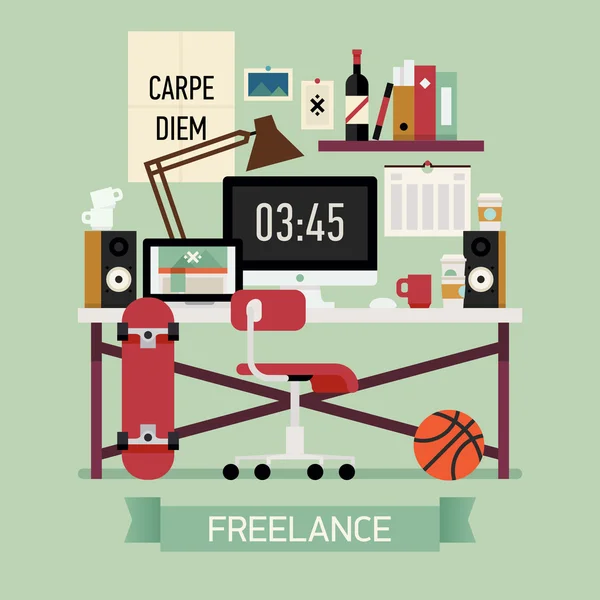 Diseño del lugar de trabajo freelancer — Archivo Imágenes Vectoriales