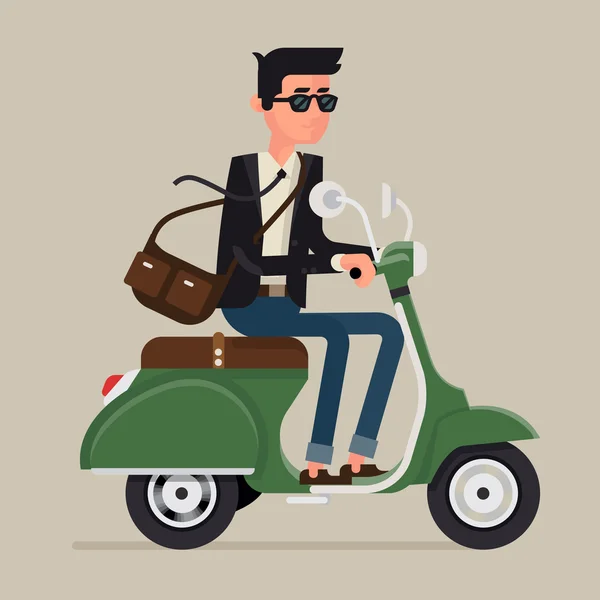 Hombre montando scooter retro — Vector de stock
