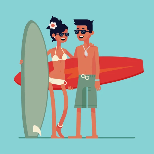 Pareja sosteniendo sus tablas de surf — Vector de stock