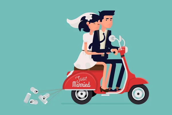 Just married  couple riding scooter — Stock Vector