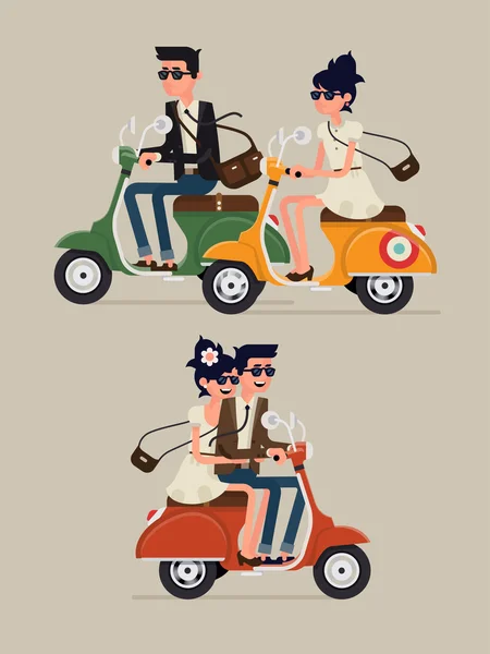 Personajes montando scooters retro rápidos — Vector de stock