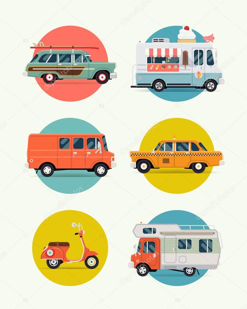 Cars, vans, trucks circle icons