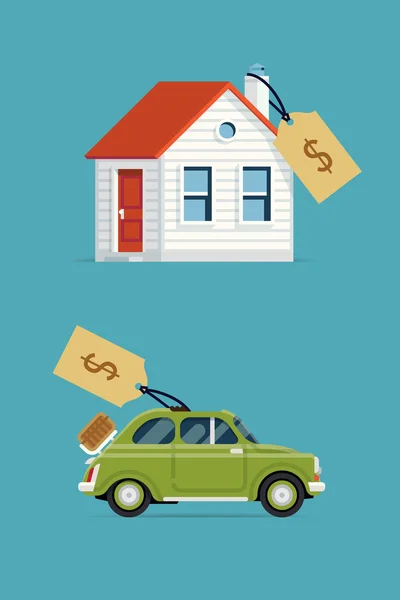 Casa y coche con etiquetas de precio — Vector de stock