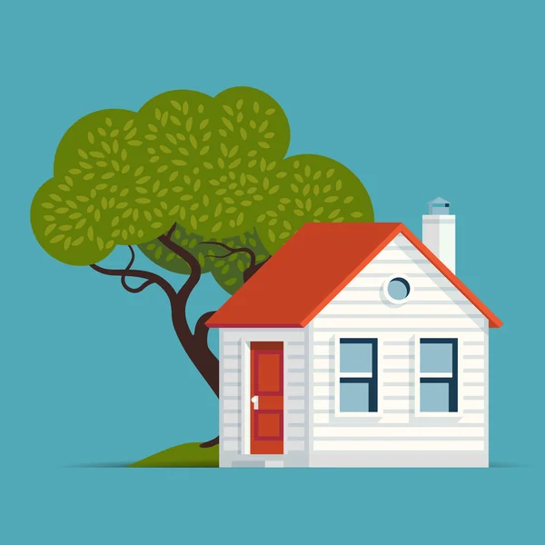 Pequeño edificio de casa con árbol . — Vector de stock