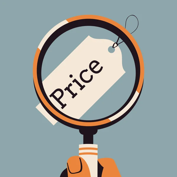 Vergrootglas over prijskaartje — Stockvector