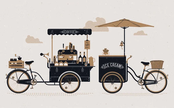 Carros de bicicleta de café y helado — Vector de stock