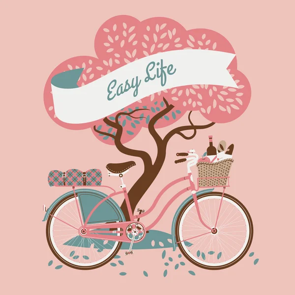 Vida fácil com árvore e bicicleta vintage — Vetor de Stock