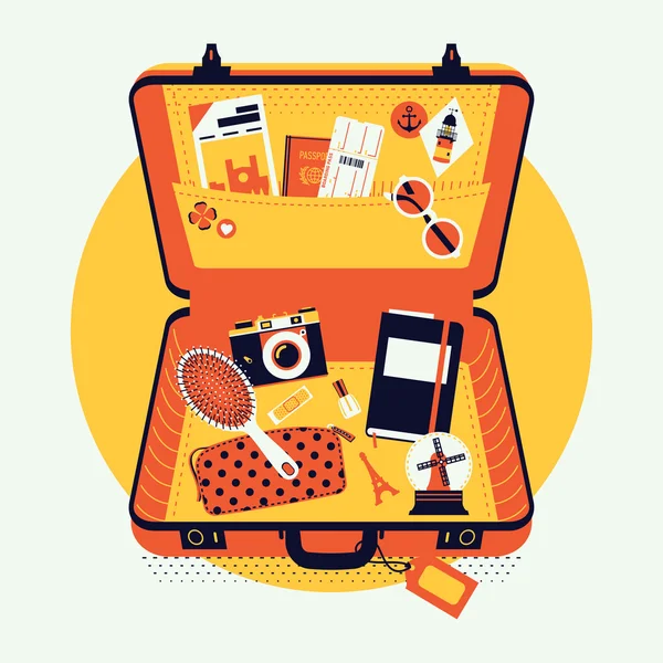 Bagage koffer met reizen items in. — Stockvector