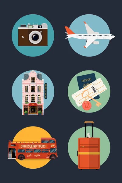 Edifício, passaporte, câmera, avião, ônibus — Vetor de Stock