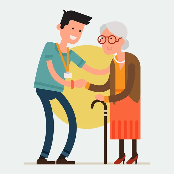 Hombre voluntario que cuida a la mujer anciana . — Vector de stock