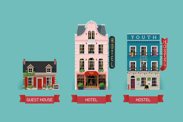facades with guest house, hotel, hostel