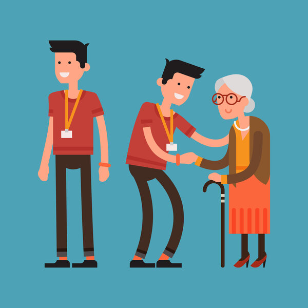 мужчина помогает пожилой женщине
