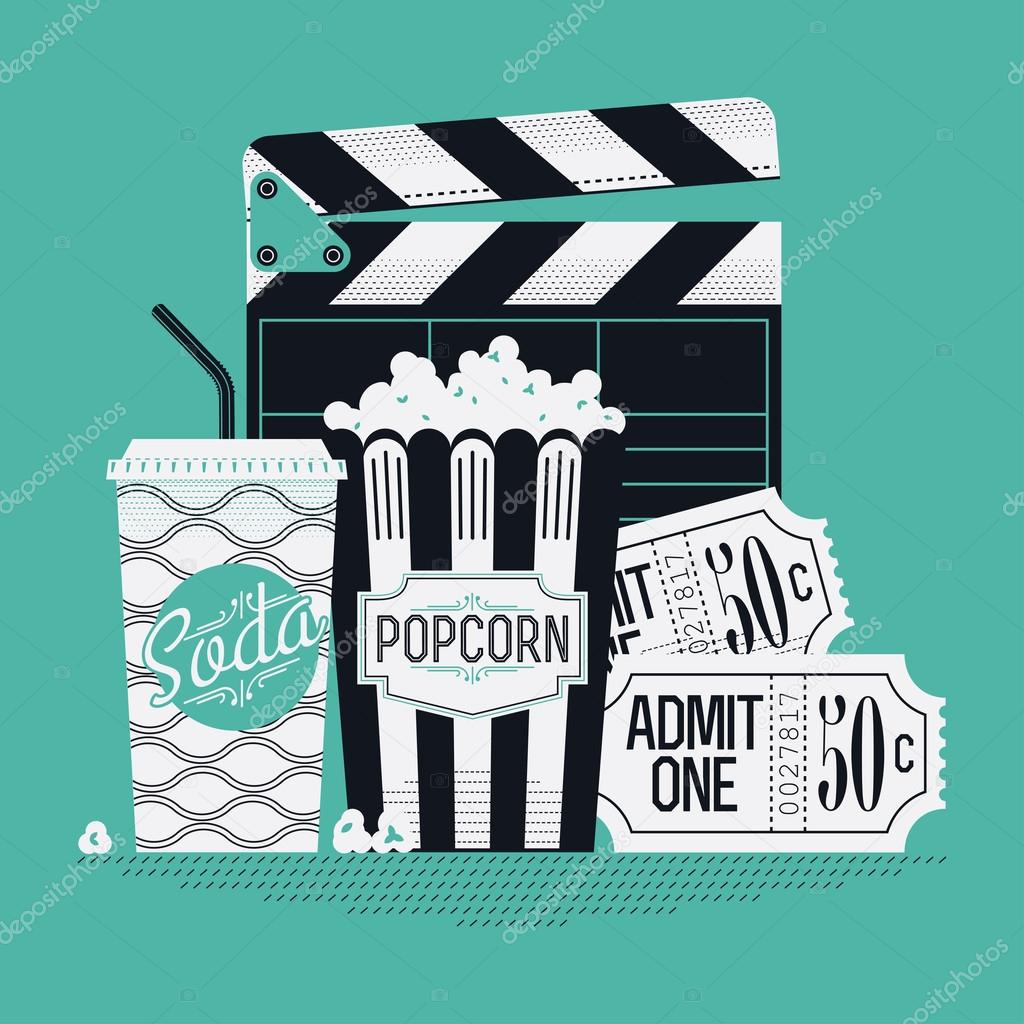 clapboard, popcorn, cinema theater tickets