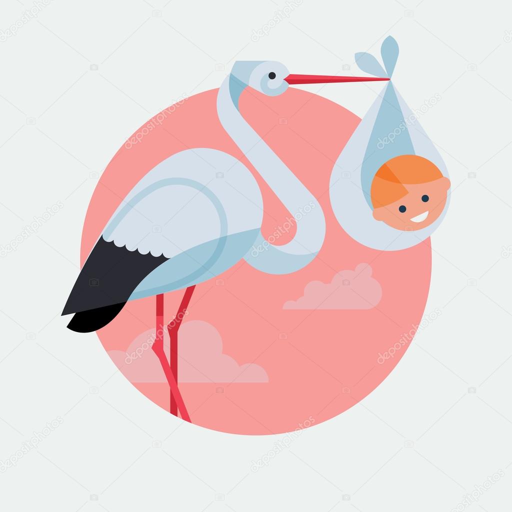 stork holding smiling newborn baby