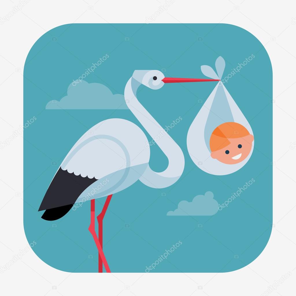 stork holding smiling newborn baby