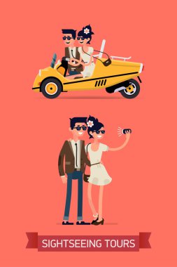 Couple riding touristic scooter car