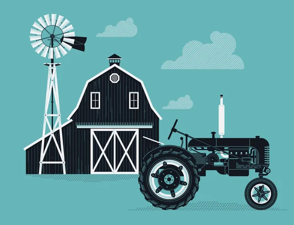 Farm barn, windmill and tractor. — Stockvector